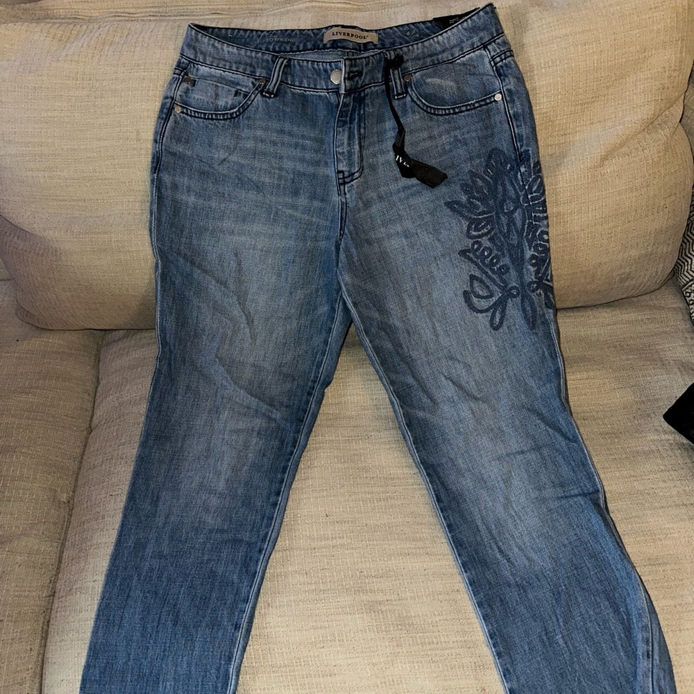 Liverpool Blue Cropped Boyfriend Jeans with Embroidery- size 6/28